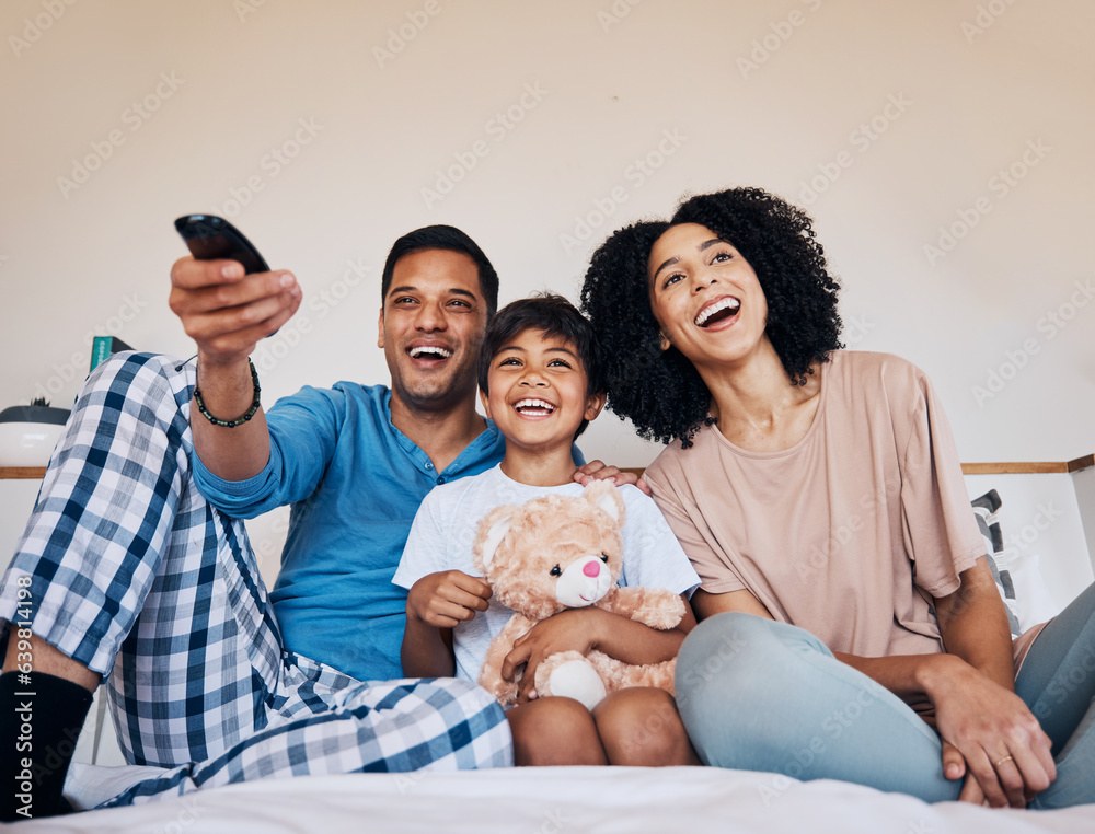 Smile, morning and family watching tv in a bedroom of their home together for streaming or entertain