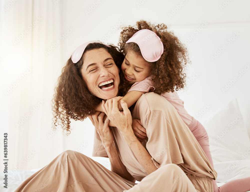 Mother, daughter and sleep mask, hug and bonding with love, care and laughter in the morning. Woman,