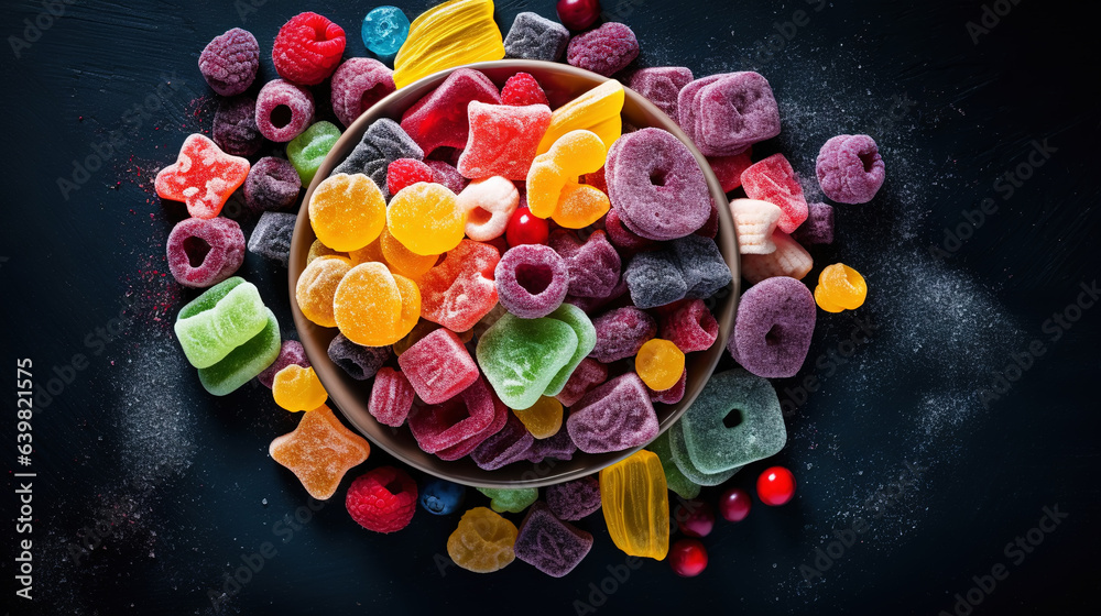 Top view on delicious multicolored candies on black rustic background. Generative AI