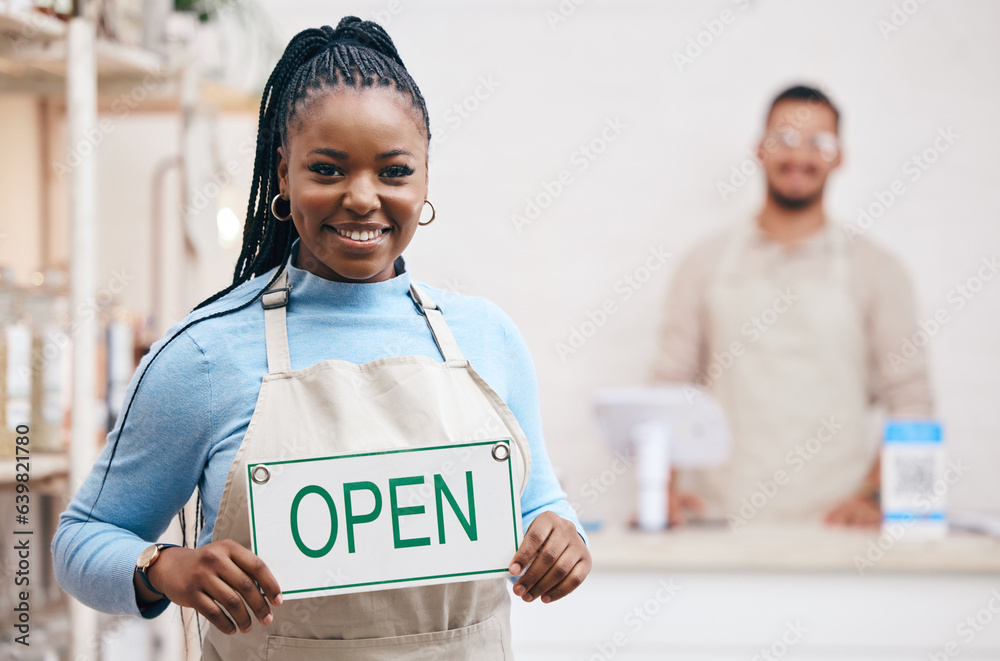 Open, sign or black woman with small business or restaurant happy for service in coffee shop, cafe o