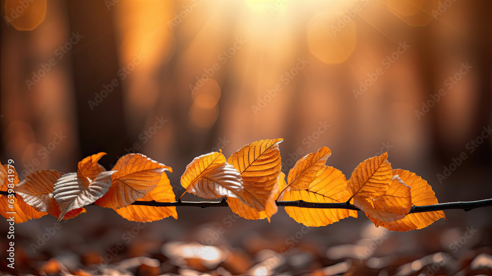 Autumn beech leaves decorate a beautiful nature bokeh background with forest ground. Generative Ai