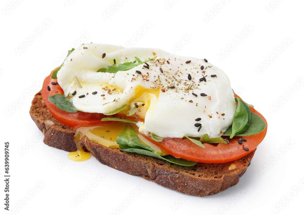Tasty sandwich with egg on white background