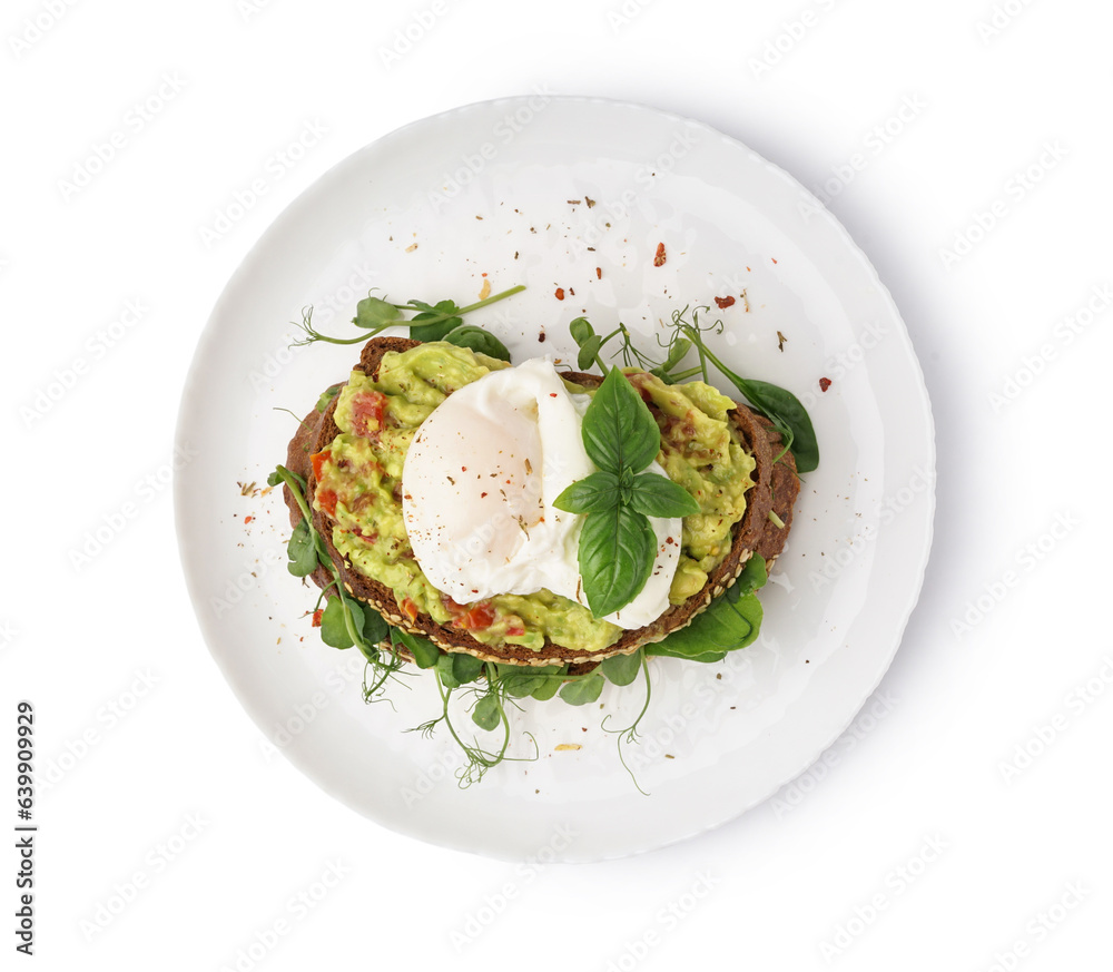 Plate of tasty sandwich with egg on white background
