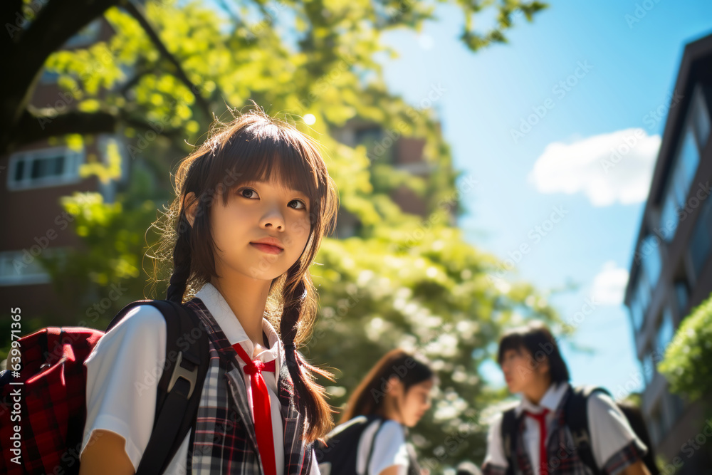 Japanese schoolgirl in uniform and schoolchildren go to school on a sunny day. 