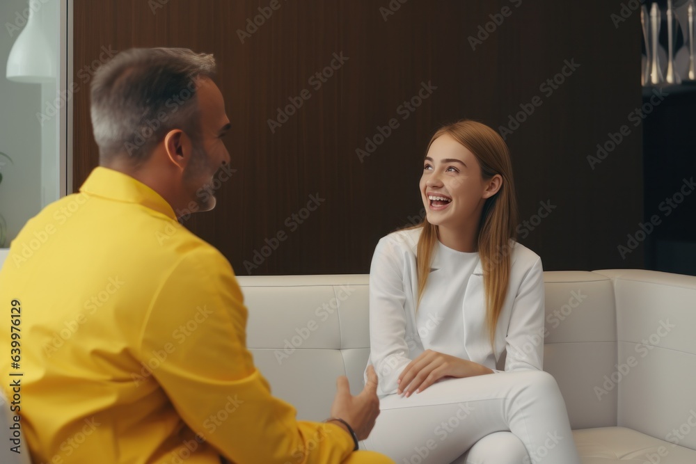 A dentist in a white coat talks about the teeth to a girl in a yellow dress who lies on the couch