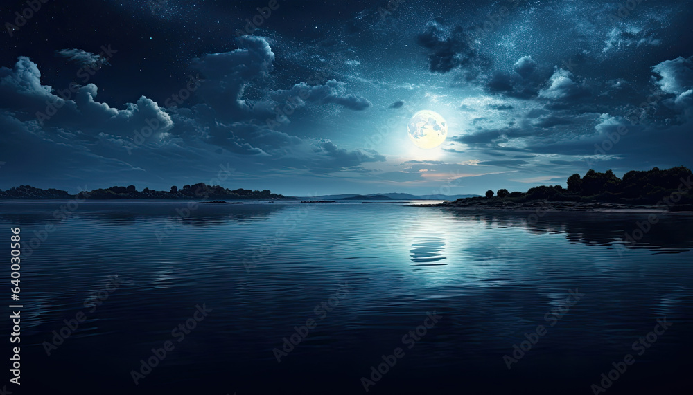 Night sky with full moon over water.