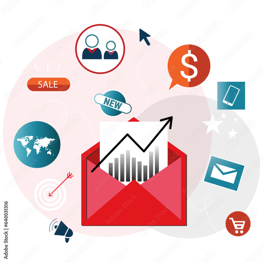 Email marketing. Envelope with chart and Icons on white background, vector illustration
