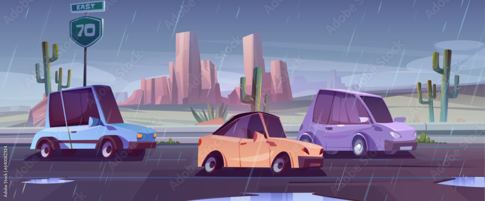 Cars driving in rain on highway in desert among rocky mountains and cactus. Cartoon vector illustrat