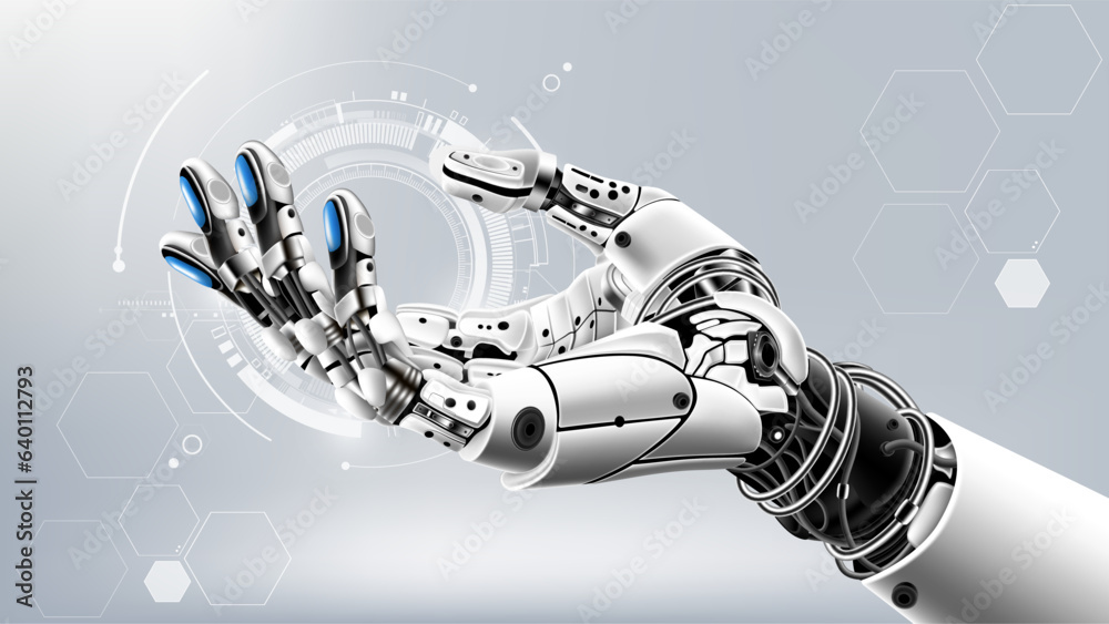 Artificial intelligence robot hand mock up on technology background, AI generated technology concept
