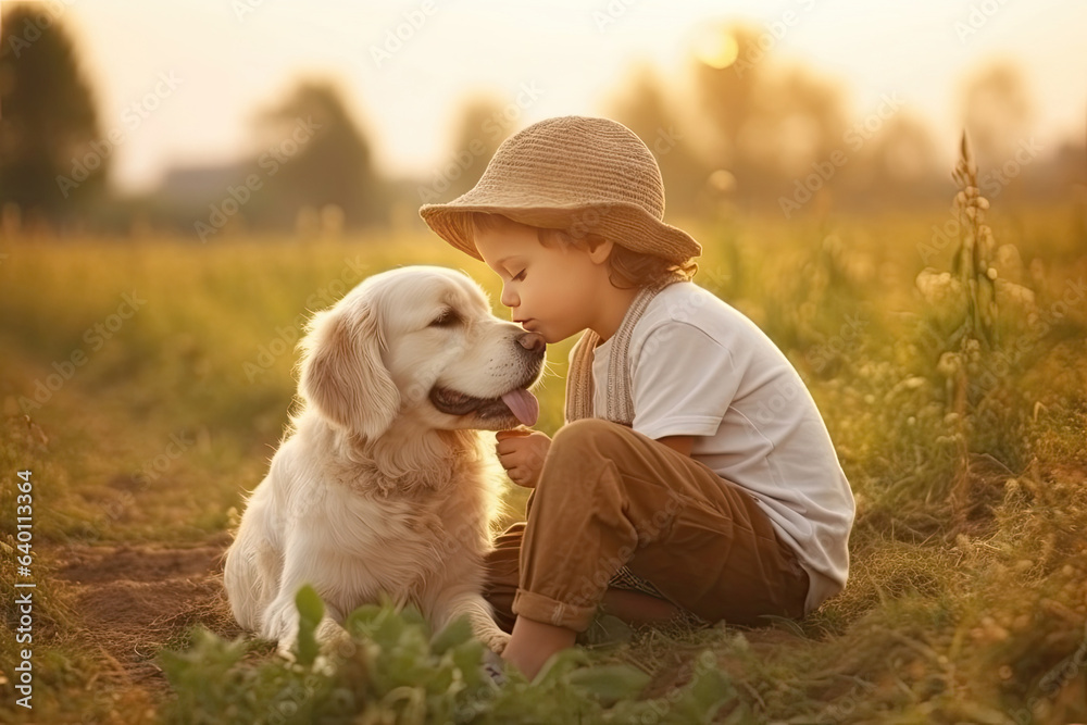 A Little boy kisses the dog in the field in summer day. Friendship, care, happiness, Cute child with