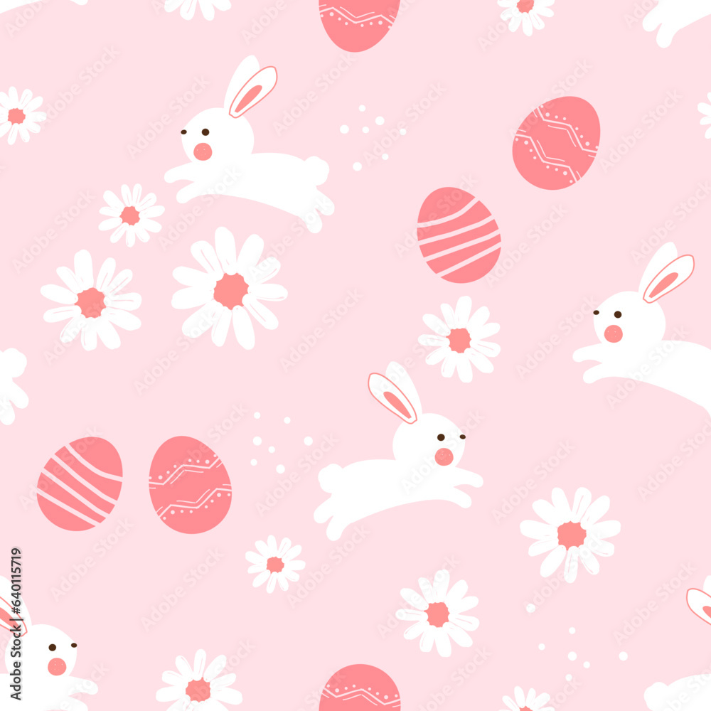 Seamless pattern with Easter bunny rabbit cartoons, eggs and daisy flower on pink background vector 