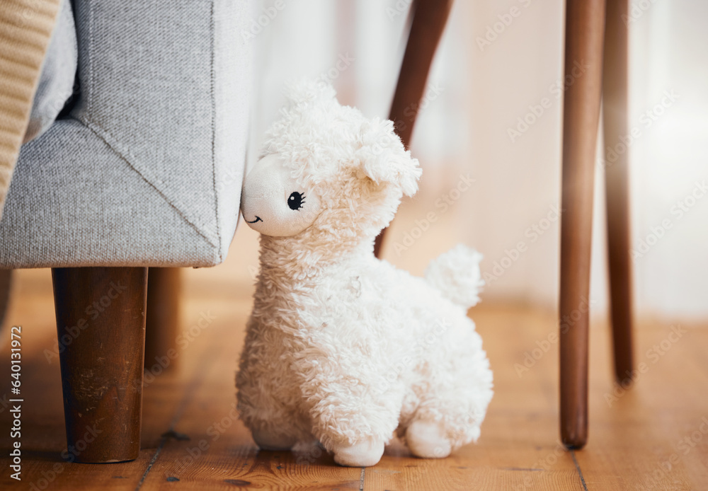 Teddy bear, empty room and toy on floor of home, background and alone by sofa in lounge of house. Ab