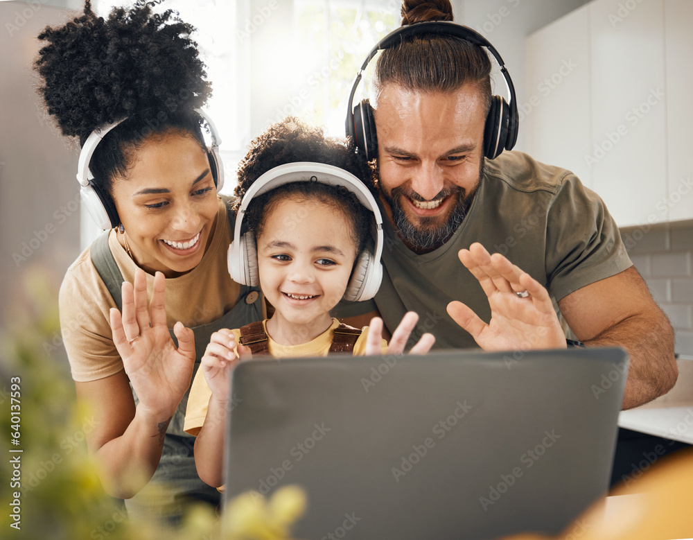 Laptop, headphones and parents with child on video call and wave hello, communication and people at 
