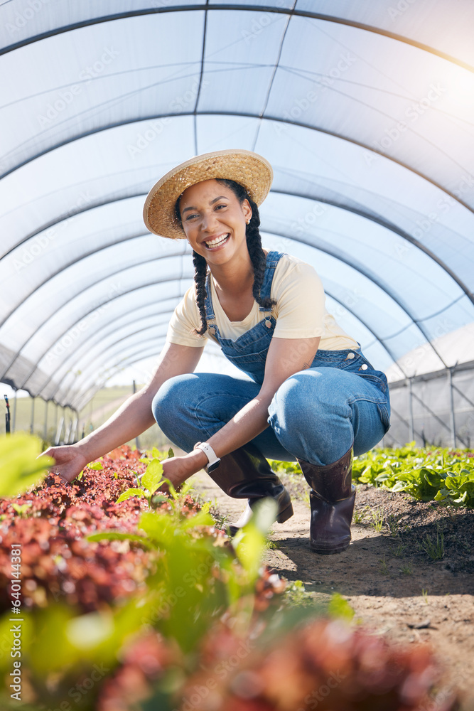 Portrait, agriculture and a farmer woman in a greenhouse for sustainability, organic growth or farmi
