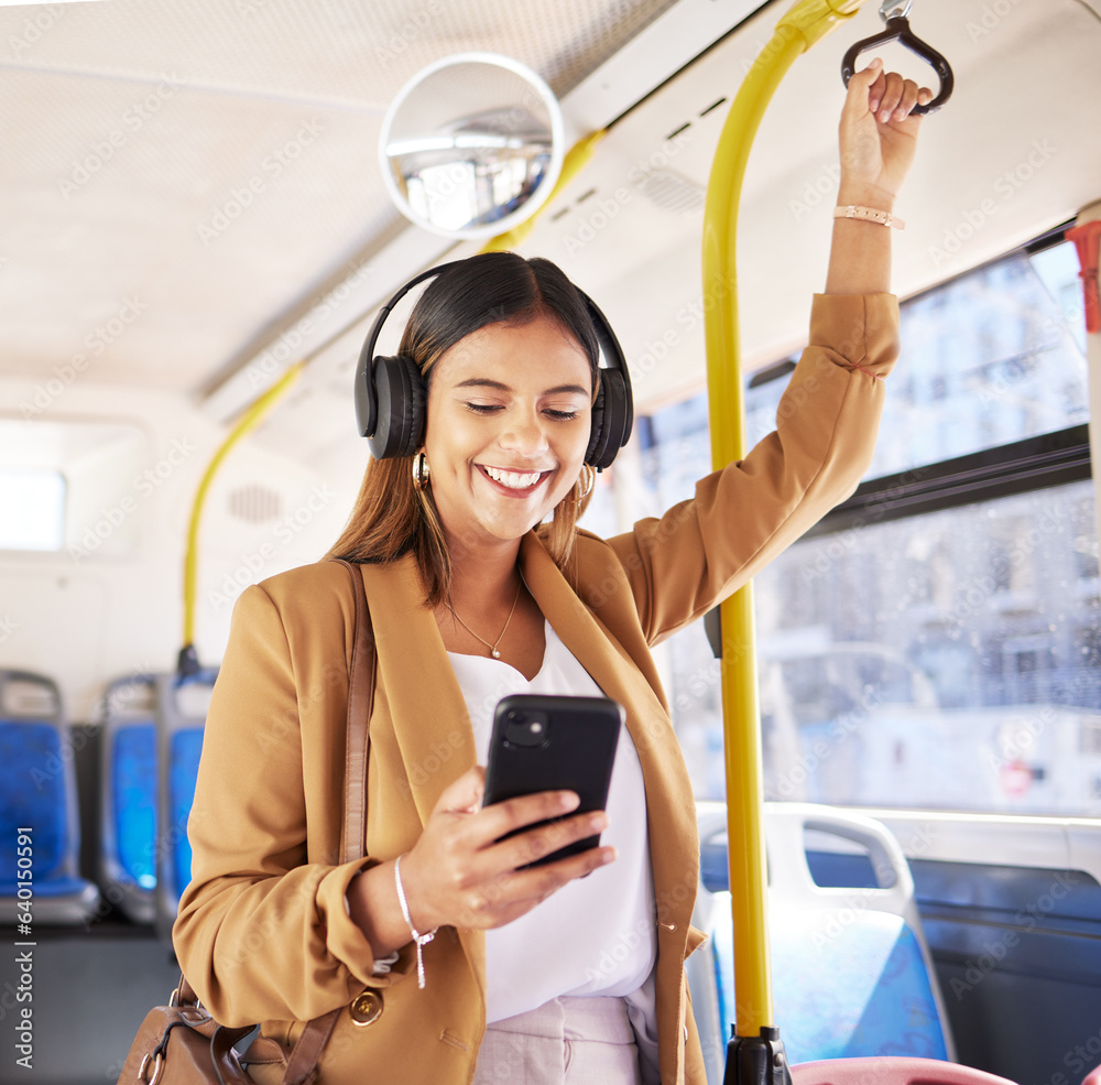 Bus, woman and phone headphones with public transport, social media scroll and smile with commute. T