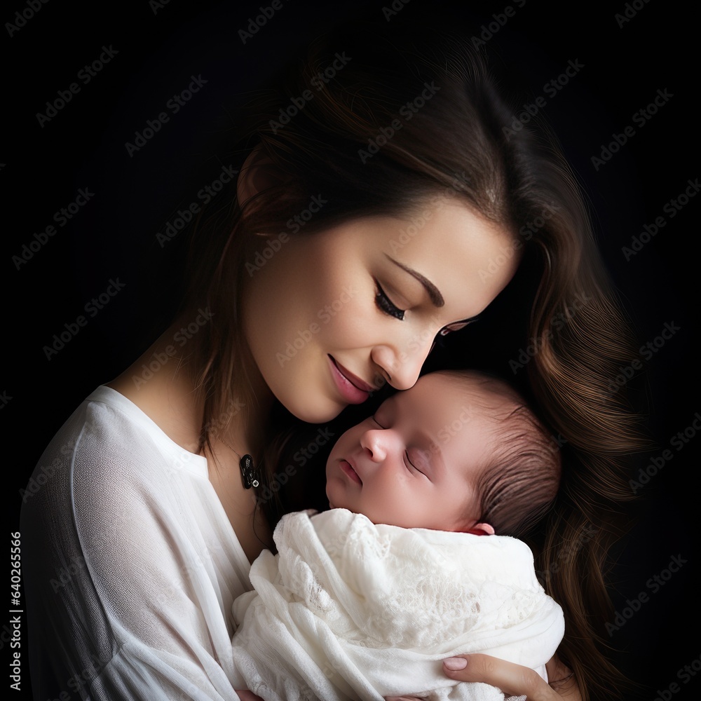 Young mother lovingly cradles her newborn baby in her arms