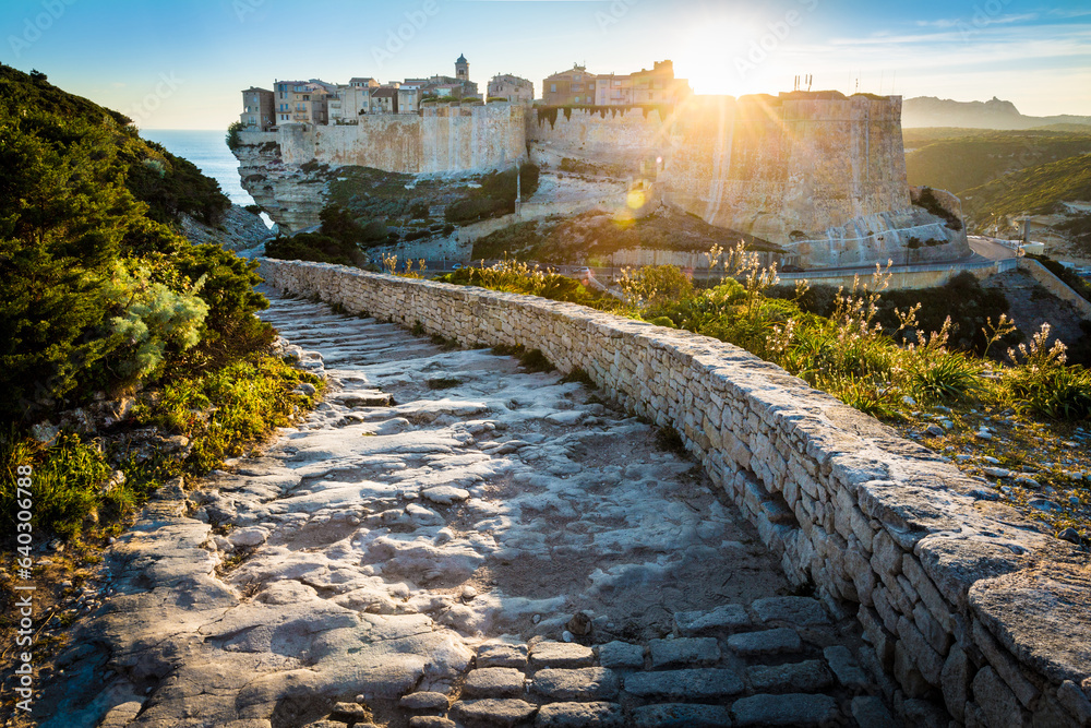 Bonifacio fortress on a cliff in the Corsican shoreline, Corse, France