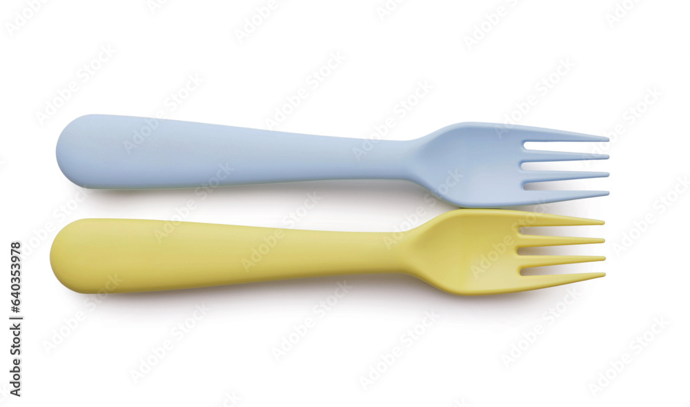 Plastic forks for baby on white background