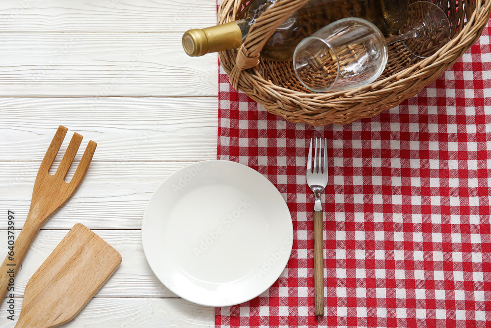 Beautiful setting for picnic on white wooden background