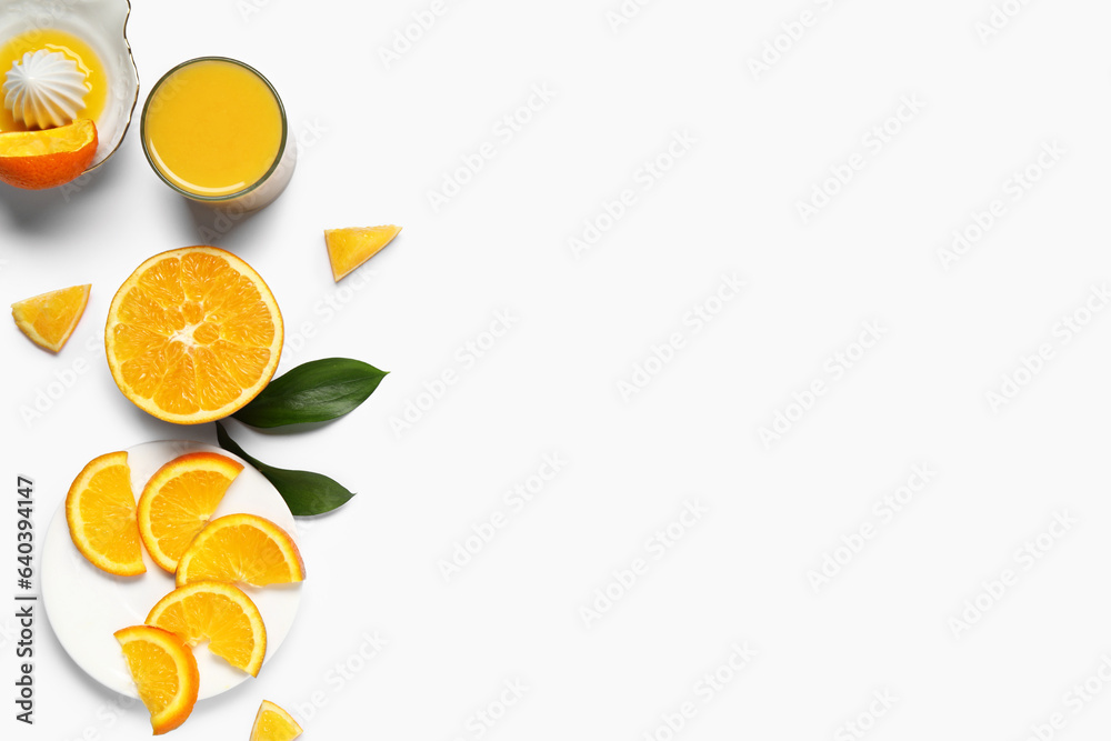Glass of fresh orange juice and juicer on white background