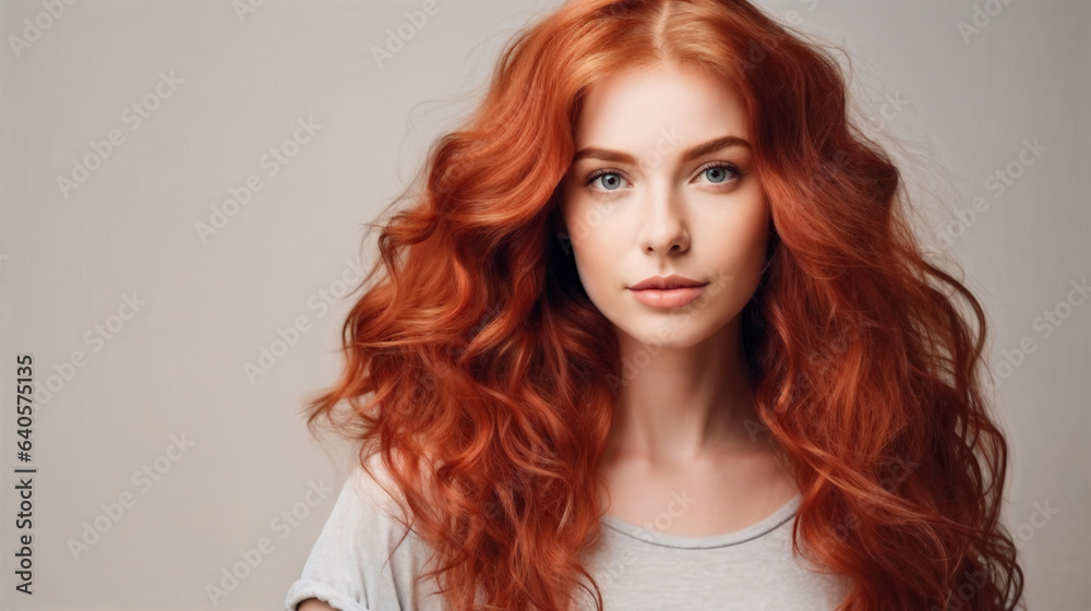 girl with long shiny curly red hair. Generative AI