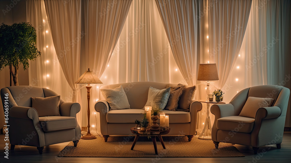 Interior of light living room with lamps. Idea for interior design. Generative Ai