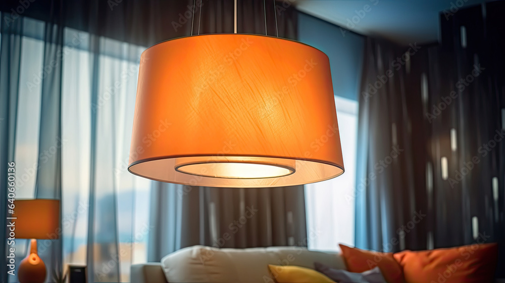 Modern hanging lamp in living room. Idea for interior design. Generative Ai