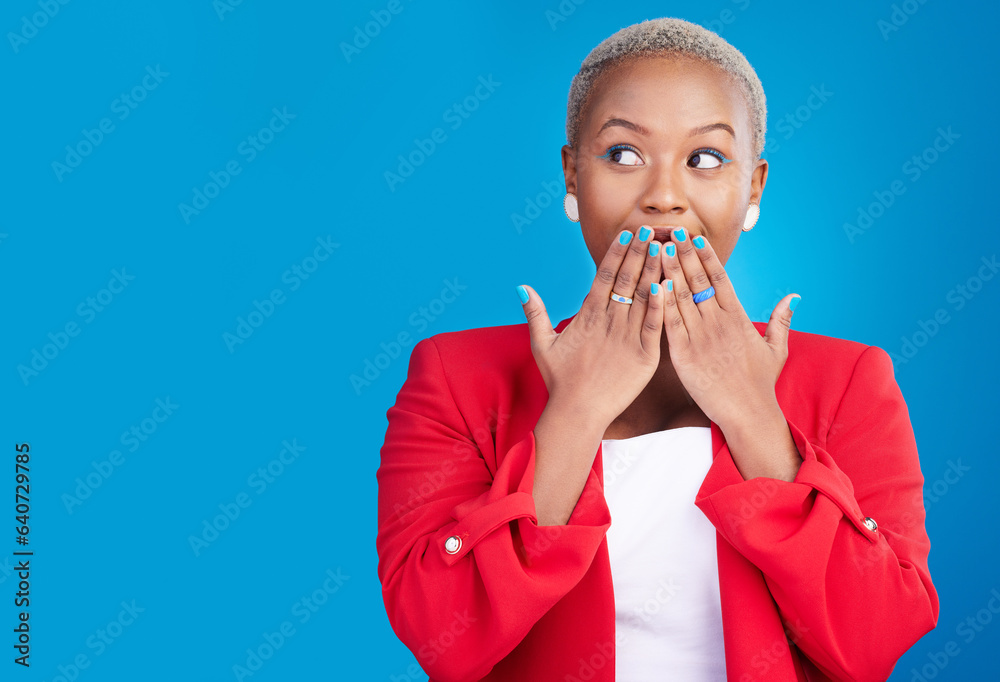 Hands on mouth, surprise and woman in studio for wow advertising, marketing or announcement. Happy e