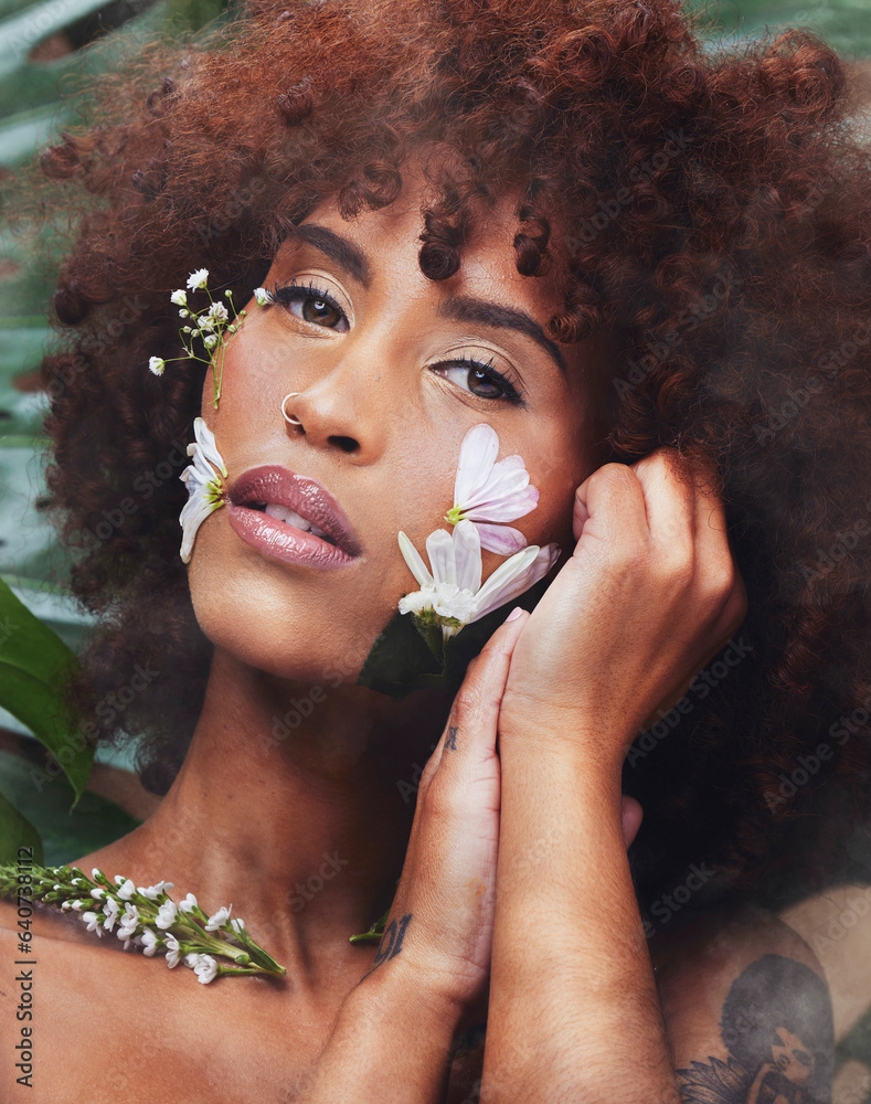 Black woman, art and portrait for skincare with flowers in beauty, creative or eco friendly cosmetic