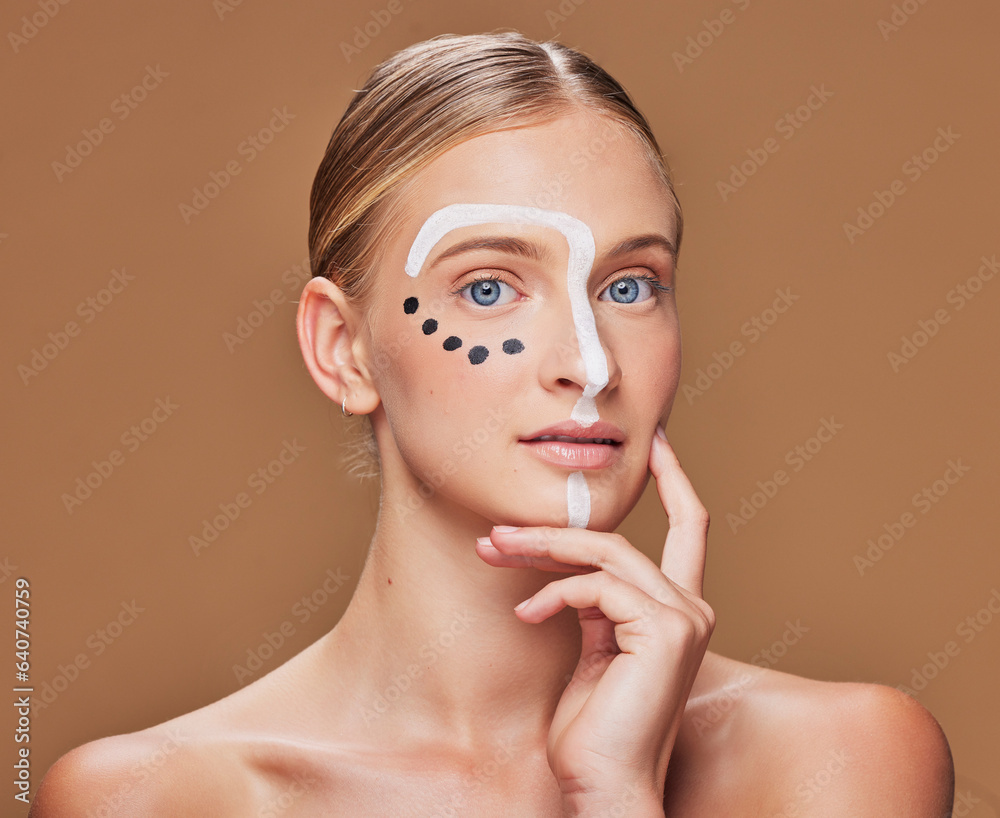 Creative, makeup and portrait of woman in studio with art, beauty and abstract face aesthetic. Cosme