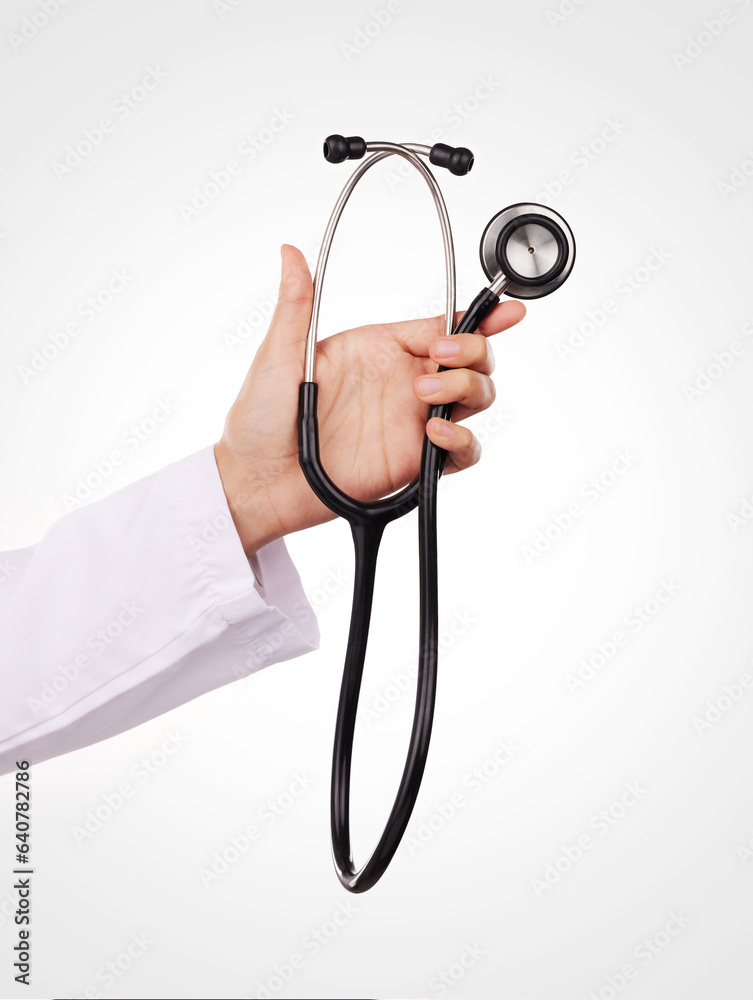 Stethoscope in hand, doctor and health, cardiology and wellness with equipment isolated on white bac