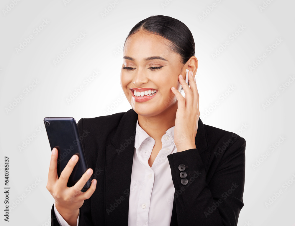 Smile, phone and video call with a business woman in studio on a white background for communication.