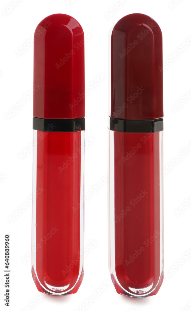 Beautiful liquid red lipsticks in different shades on white background