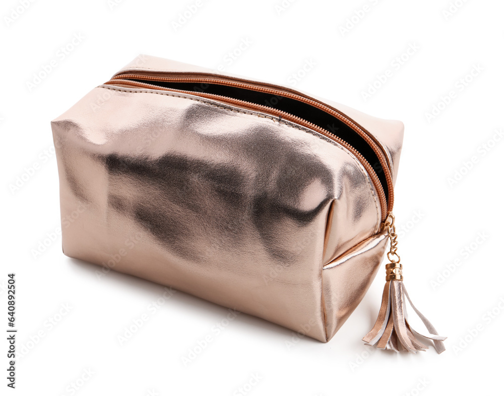 Stylish metallic cosmetic bag on white background