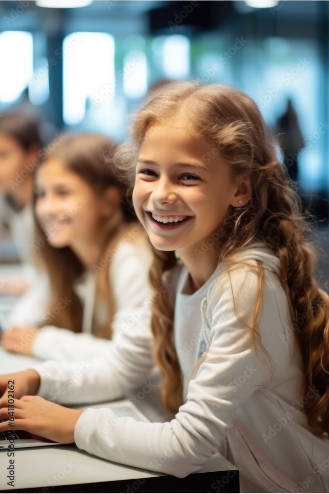 Smiling schoolgirl learning computer in classroom.
