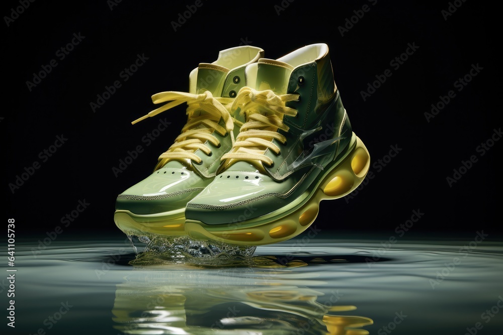 Shoes in the style of light yellow and dark green.