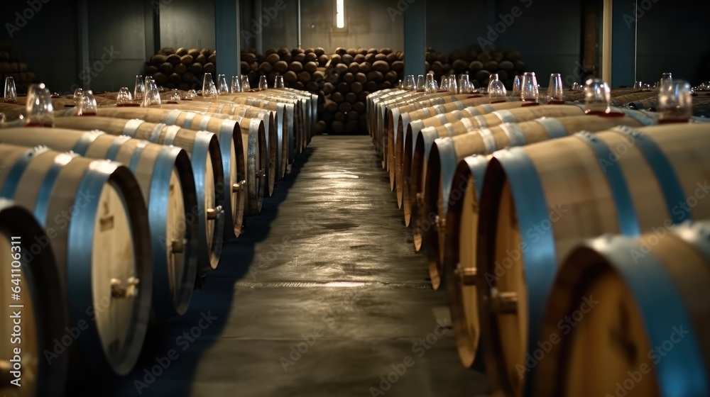 Wooden barrels in modern wine cellar, Winemaking, winery, Industrial environment.