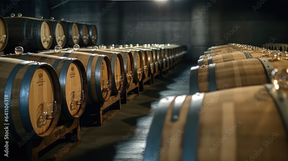 Wooden barrels in modern wine cellar, Winemaking, winery, Industrial environment.