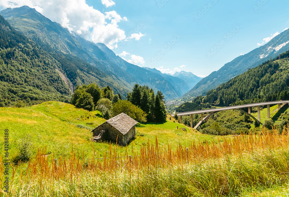 Alpine mountains in summer. View of the bridge and the valley