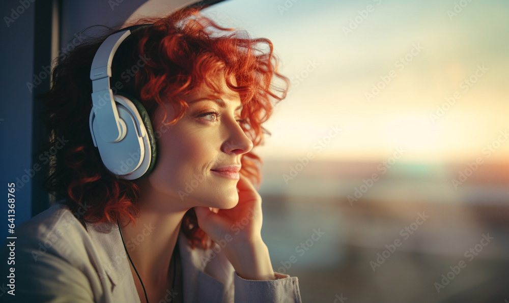 Happy smiling female traveler in airport, Woman with red hair sitting in headphones at the terminal 