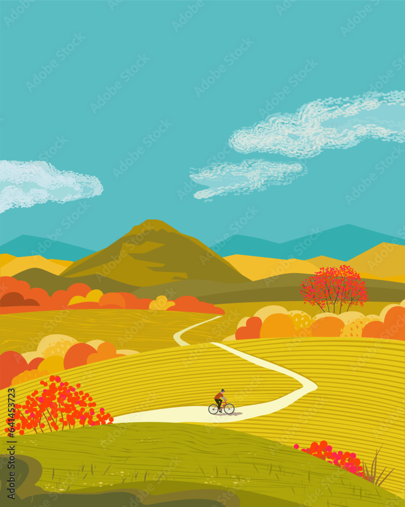 Colorful autumn Fall countryside vector landscape. Man riding bicycle enjoy Fall season serene rural
