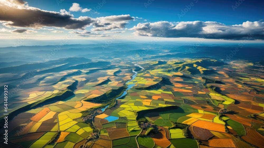 aerial view of a valley with fields and a river