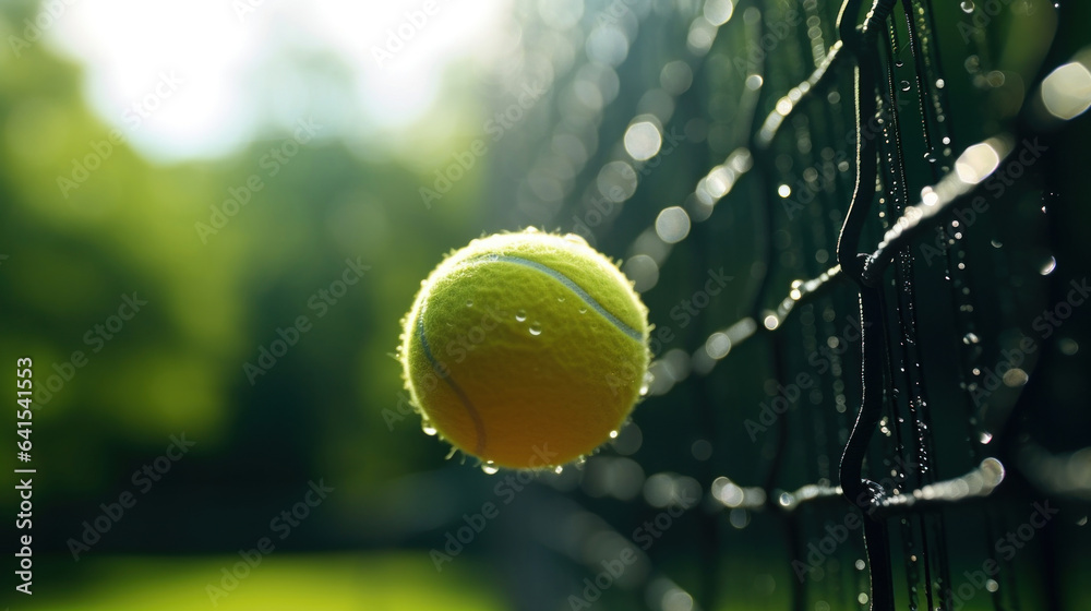 Close up of a tennis ball on a net, a tennis court