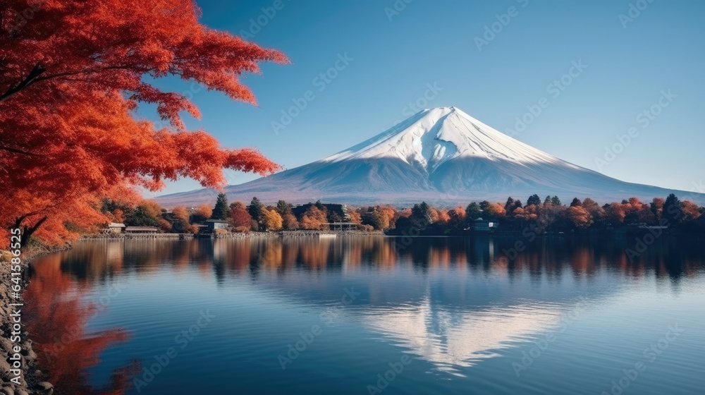Colorful Autumn Season and Mountain Fuji with morning fog and red leaves at lake Kawaguchiko is one 