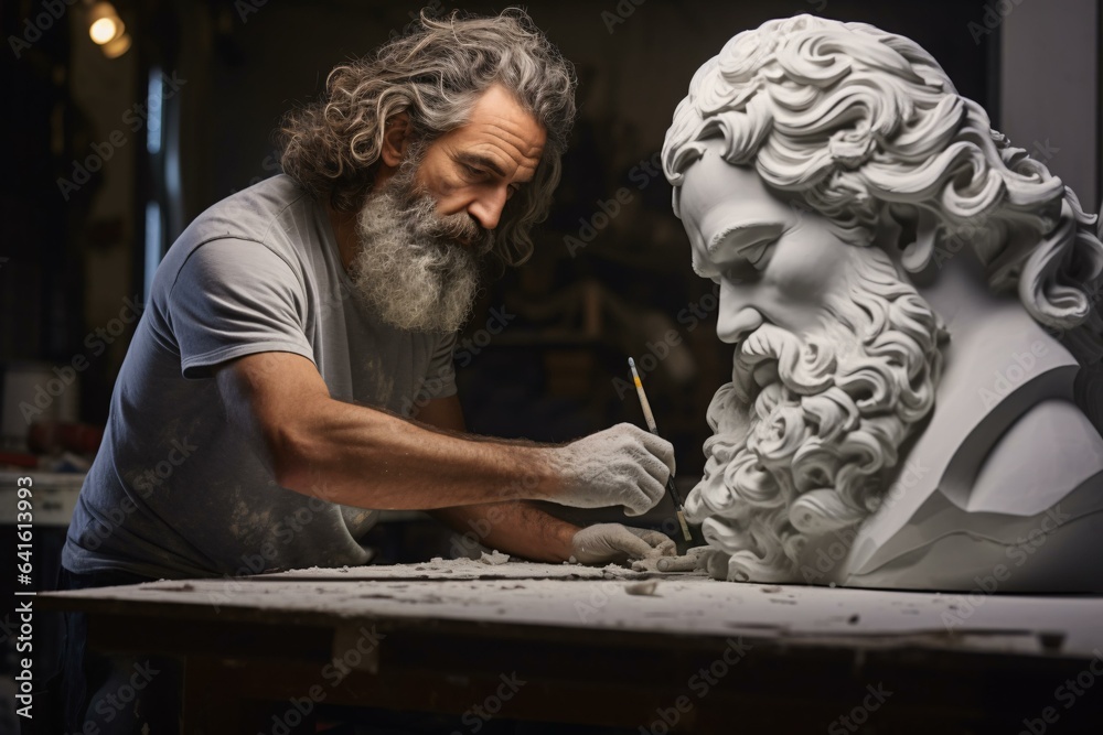 A sculptor creating a bearded male statue with precision and skill