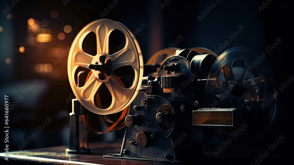 A movie projector and film reels on a dark background. Cinema concept. Generative Ai