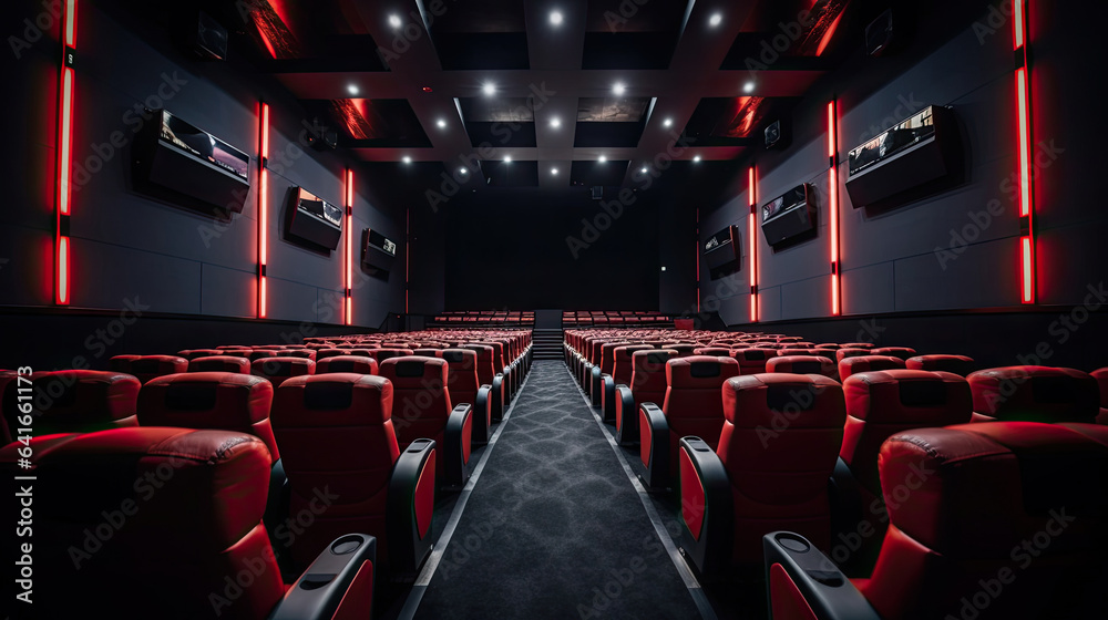 Cinema interior of movie theatre with empty red and black seats with copyspace on the screen and glo
