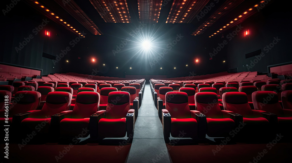 Cinema interior of movie theatre with empty red and black seats with copyspace on the screen and glo