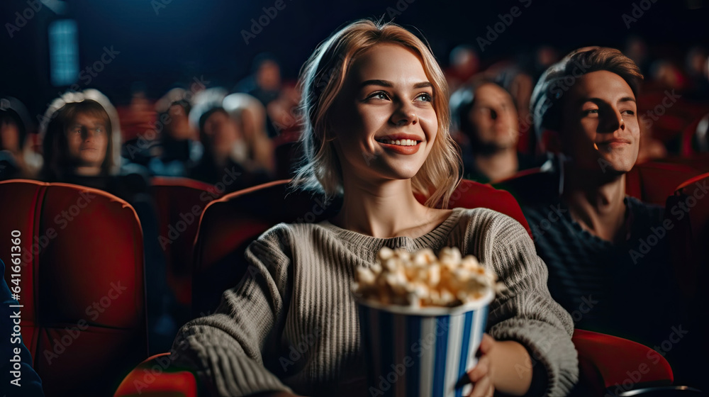 Young woman with friends watching movie in cinema and laughing with popcorns and drinks. Cinema conc
