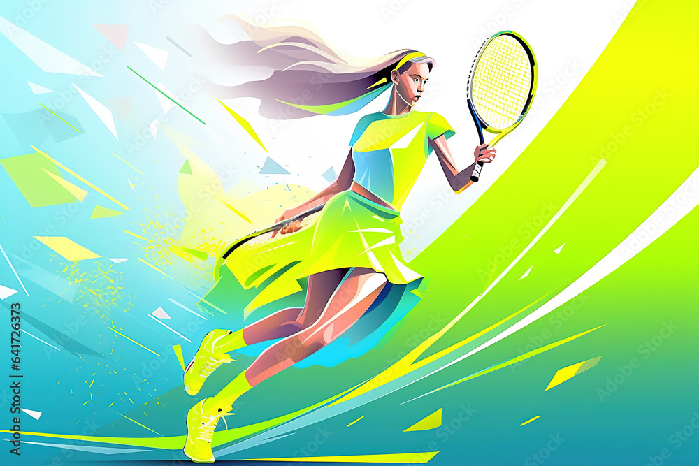 Contemporary art collage. Young girl, professional tennis player in motion during a match on an abst